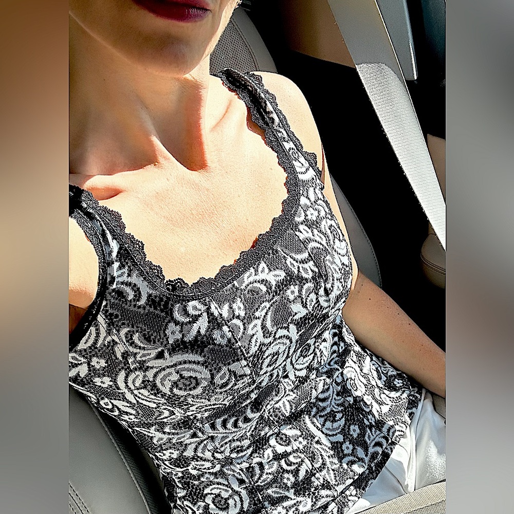 WHBM Victorian Rose Print Corset Tank with Black Lace Trim